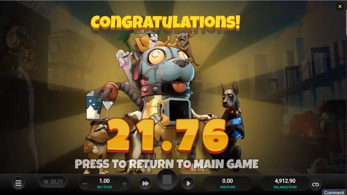 Karakter kucing sibernetik dalam slot Purrrminator Dream Drop dengan latar belakang kota neon distopia.