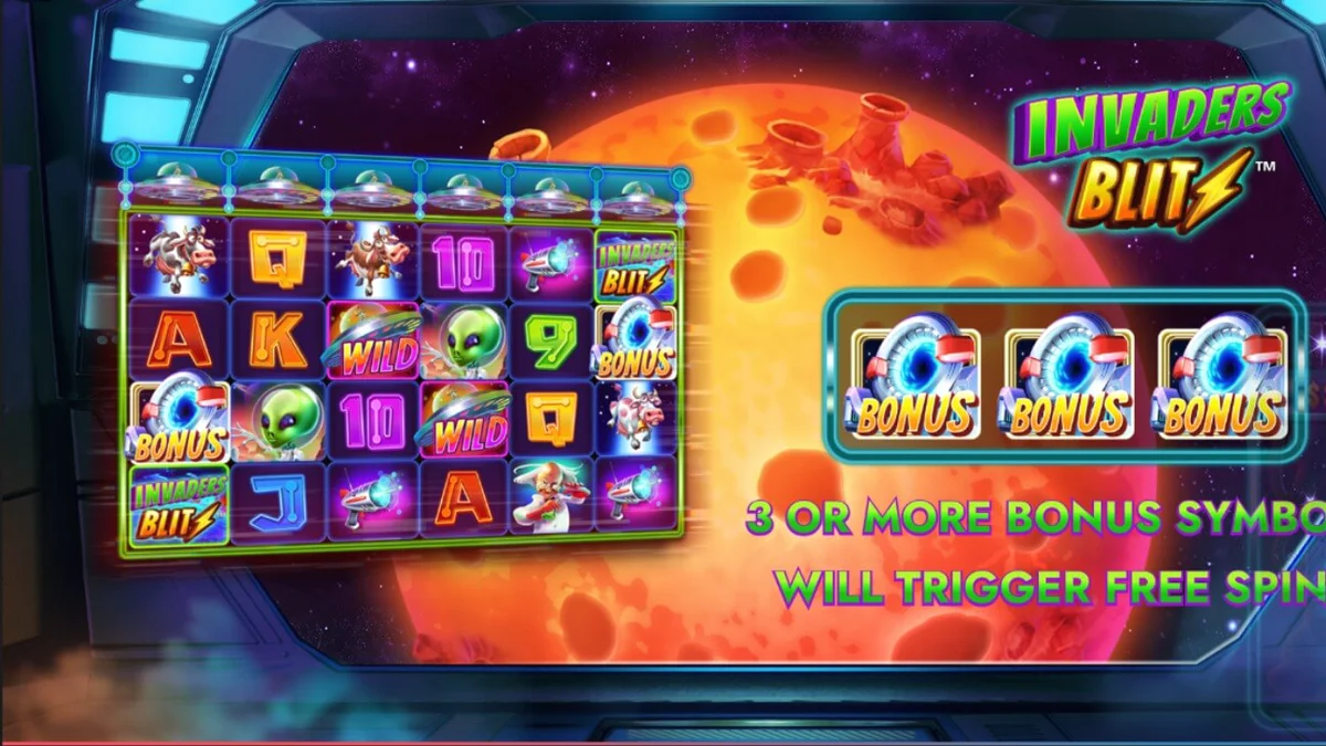 Tampilan visual slot Invaders Blitz dengan tema invasi alien dan Cash Cow